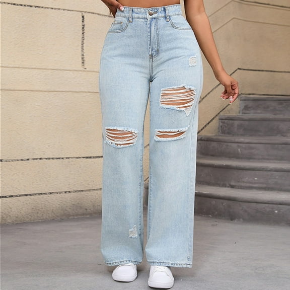 Womens High Waisted Wide Leg Jeans Stretchy Distressed Denim Pants Pants Size 12 Women Boot Cut Relativity Leggings Women Designer Pants 18 plus Ladies Pants Size 14 Size 20 Pants for Women