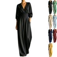 thumbnail image 1 of Womens High Waisted Wide Leg Jumpsuit V Neck Pleated Dressy Wrap Romper 3/4 Sleeve Flowy Fall Overalls for Office Business with Side Pockets, Black, XL, 1 of 6