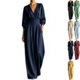 thumbnail image 1 of Womens High Waisted Wide Leg Jumpsuit V Neck Pleated Dressy Wrap Romper 3/4 Sleeve Flowy Fall Overalls for Office Business with Side Pockets, Navy, XL, 1 of 6