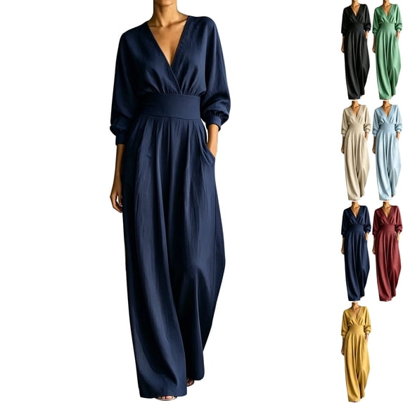 Womens High Waisted Wide Leg Jumpsuit V Neck Pleated Dressy Wrap Romper 3/4 Sleeve Flowy Fall Overalls for Office Business with Side Pockets, Navy, XL