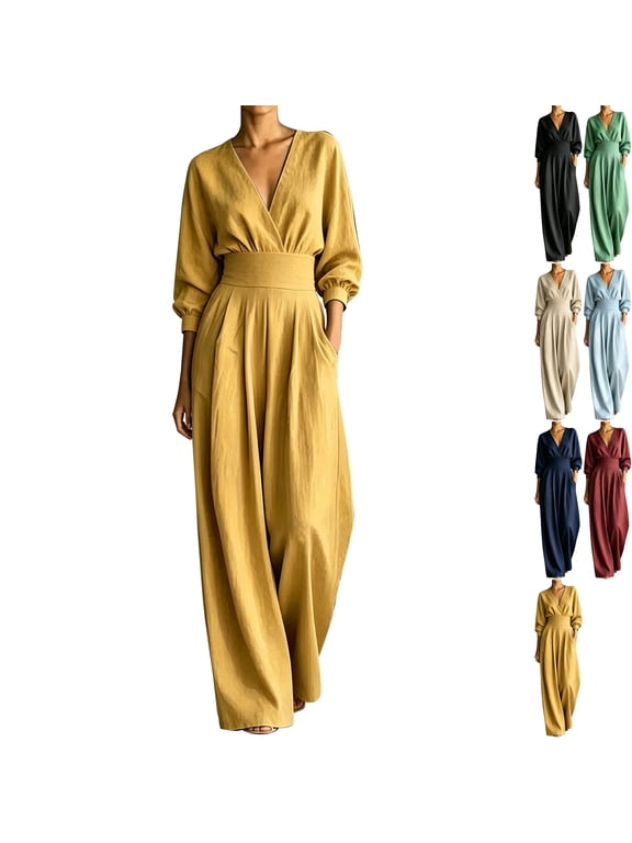 Womens High Waisted Wide Leg Jumpsuit V Neck Pleated Dressy Wrap Romper 3/4 Sleeve Flowy Fall Overalls for Office Business with Side Pockets, Yellow, XL