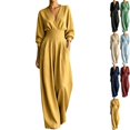 thumbnail image 1 of Womens High Waisted Wide Leg Jumpsuit V Neck Pleated Dressy Wrap Romper 3/4 Sleeve Flowy Fall Overalls for Office Business with Side Pockets, Yellow, XXL, 1 of 6