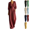 thumbnail image 1 of Womens High Waisted Wide Leg Jumpsuit V Neck Pleated Dressy Wrap Romper 3/4 Sleeve Flowy Fall Overalls for Office Business with Side Pockets, Wine, M, 1 of 6