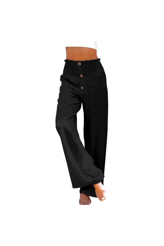 Womens High Waisted Wide Leg Linen Palazzo Pants with Drawstring & Pockets