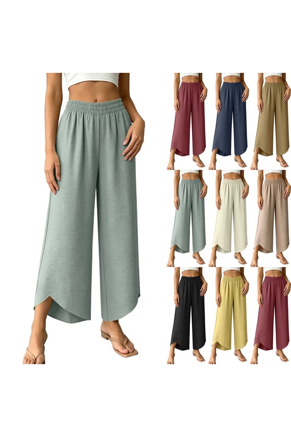 Womens High Waisted Wide Leg Pants Casual Summer Flowy Tulip Petal Hem Palazzo Trousers Smocked Waist Daily Bottoms with Pockets,Beige,L