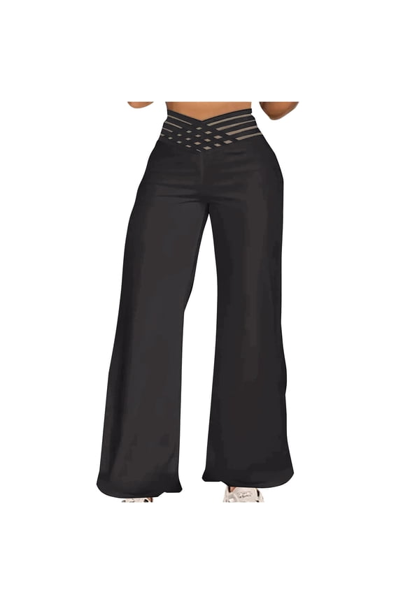 Womens High Waisted Wide Leg Pants Cutout Cross Waist Pull On Palazzo Trousers Loose Trendy Casual Workout Boho Vacation Pants Black