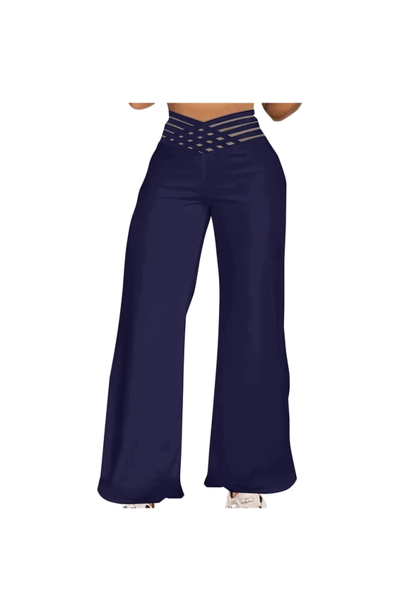 Womens High Waisted Wide Leg Pants Cutout Cross Waist Pull On Palazzo Trousers Loose Trendy Casual Workout Boho Vacation Pants Dark Blue