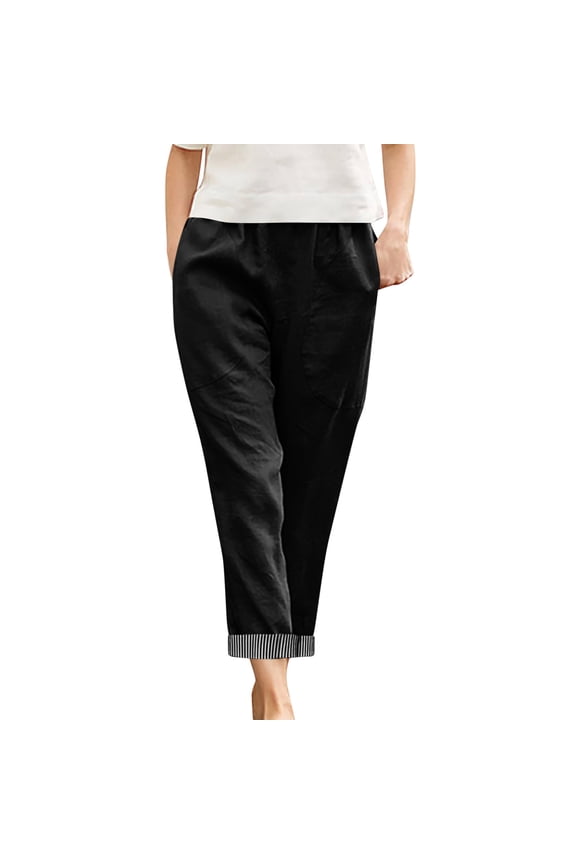 Womens High Waisted Wide Leg Pants Elastic Waist Striped Cuff Hem Pull On Trousers with Pockets Casual Vacation Work Pants Black