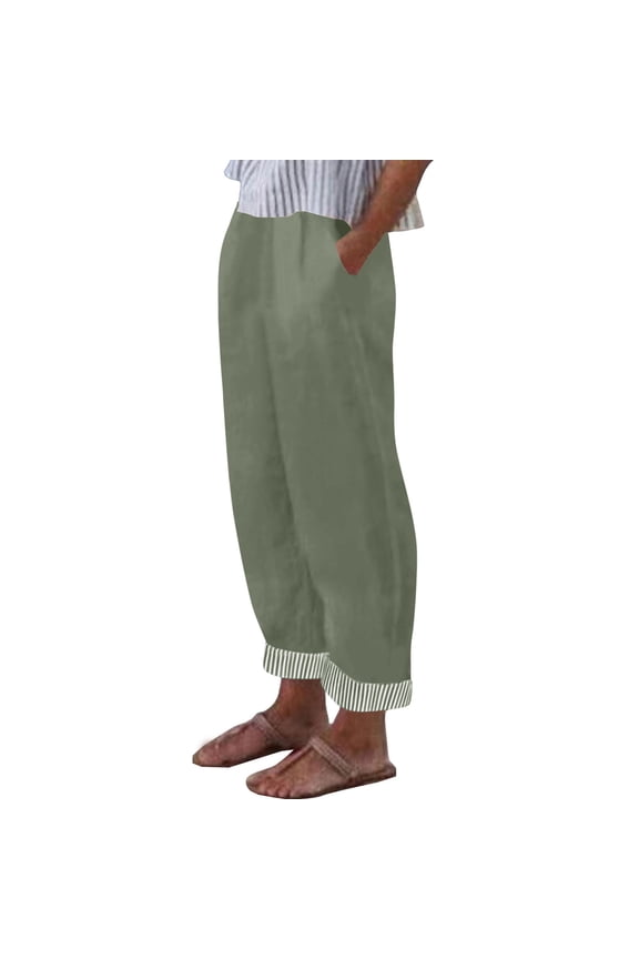 Womens High Waisted Wide Leg Pants Elastic Waist Striped Cuff Hem Trousers Flowy Casual Pull On Vacation Pants with Pockets Army Green