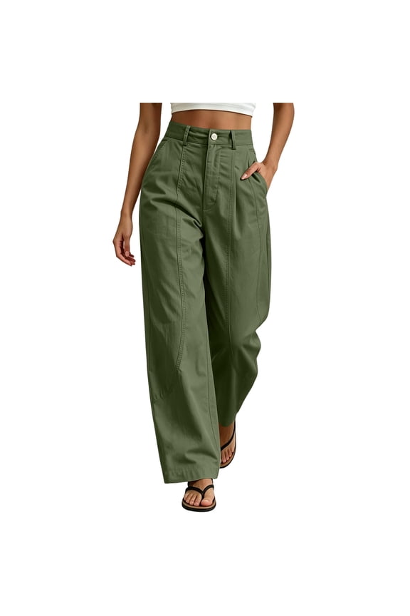 Womens High Waisted Wide Leg Pants Pleated Stitching Button Closure Trousers Dressy Casual Business Work Pants with Pockets Army Green