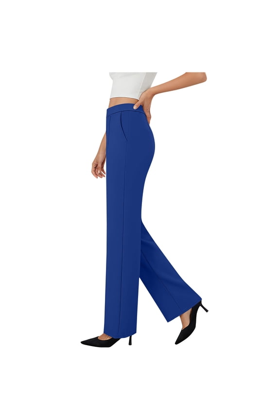 Womens High Waisted Wide Leg Pants Royal Blue, Elastic Waist Trousers for Work Office, Stretch Casual Pants with Pockets S-XXL,Size L