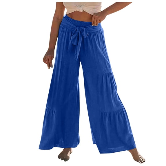 Womens High Waisted Wide Leg Pants with Tie Detail Patchwork Design Casual Comfortable Trendy Lounge Trousers