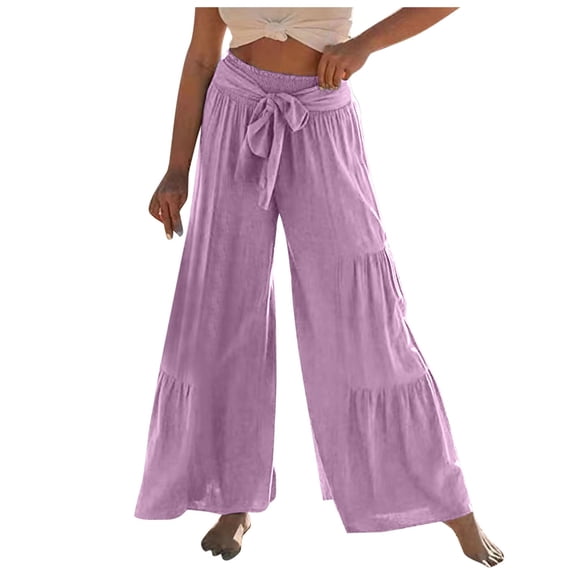 Womens High Waisted Wide Leg Pants with Tie Detail Patchwork Design Casual Comfortable Trendy Lounge Trousers