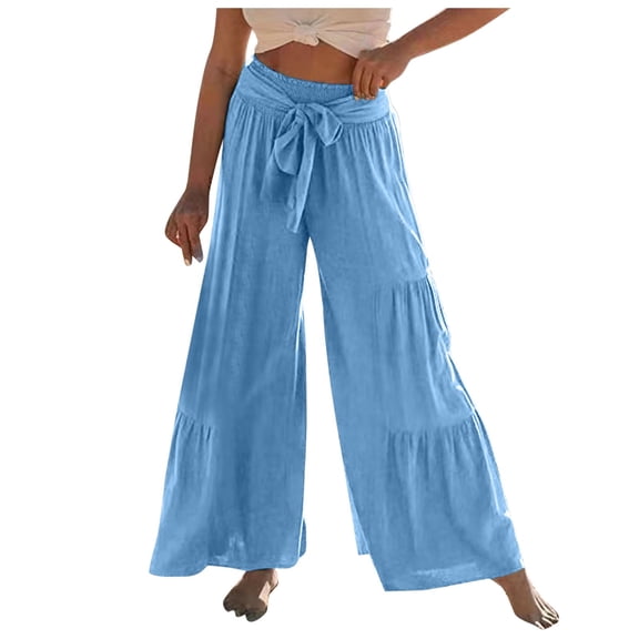 Womens High Waisted Wide Leg Pants with Tie Detail Patchwork Design Casual Comfortable Trendy Lounge Trousers