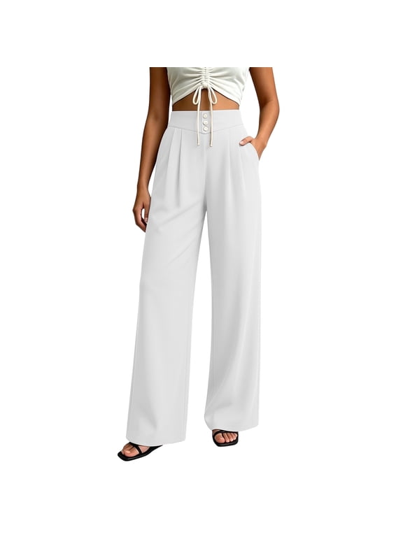 Womens High Waisted Wide Leg Trousers Business Casual Work Pants Flowy Dressy Slacks with Pockets for Office Summer,White,XXL