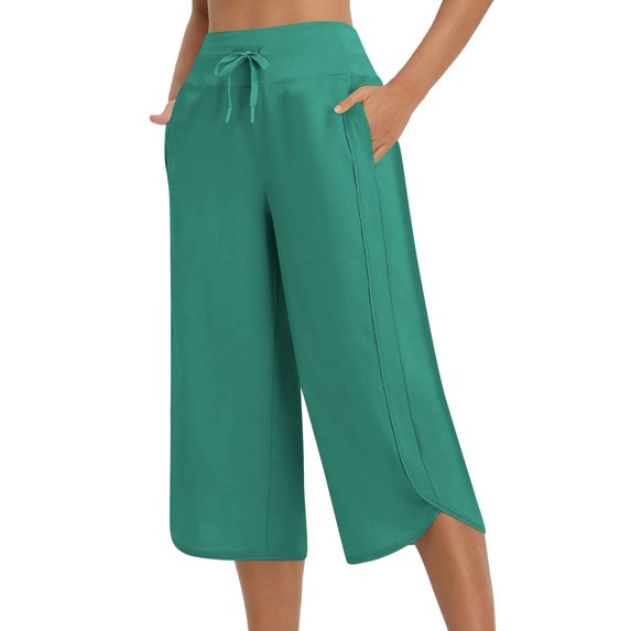 Womens High Waisted Wide Leg Yoga Pants Cropped Green, Flared Lounge Pants with Pockets,Soft 7/8 Length Workout Pants,Size S