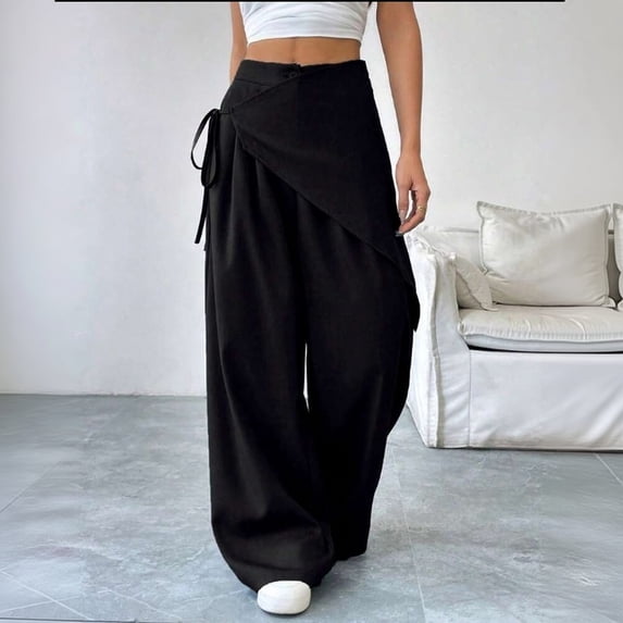 Womens High Waisted Wrap Pants Wide Leg Tie Up Bow Asymmetrical Wrap Around Skirt Pants Business Casual Trousers, M