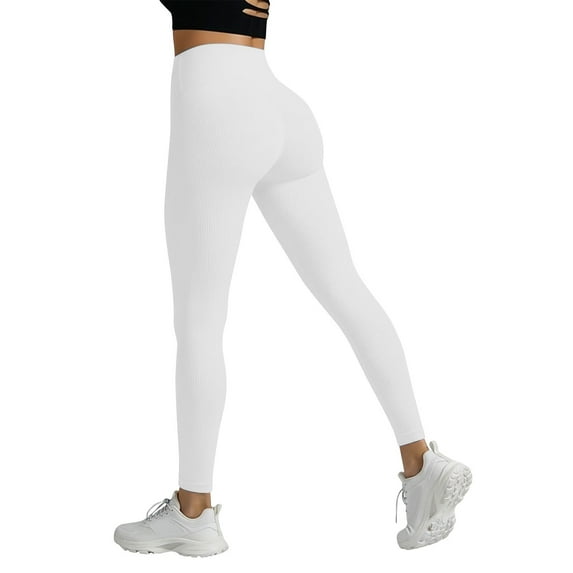 Womens High Waisted Yoga Pants Ribbed Leggings, White Opaque Tummy Control Full Length for Workout Casual Plus Size,Size S