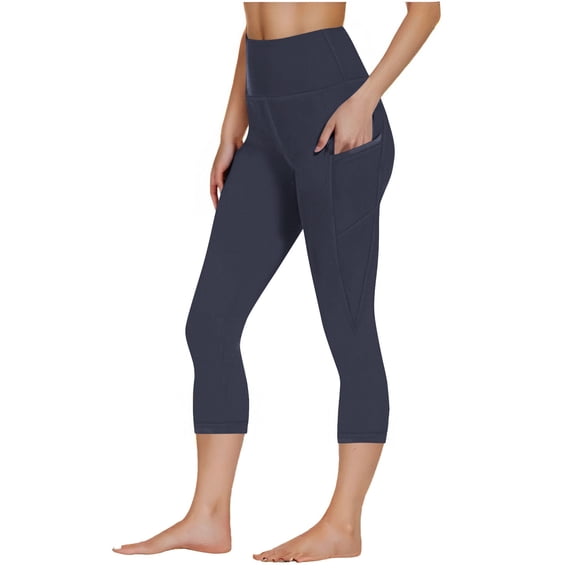 Womens High Waisted Yoga Pants with Pockets, Navy Blue Tummy Control Capri Leggings, Buttery Soft Opaque 3/4 Length Workout Leggings for Women,Size M