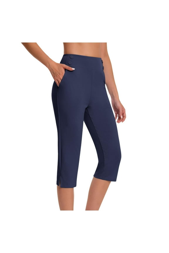 Womens High Waisted Yoga Pants with Pockets, Tummy Control Workout Capri Leggings for Athletic & Casual Wear, Navy Blue,Size L