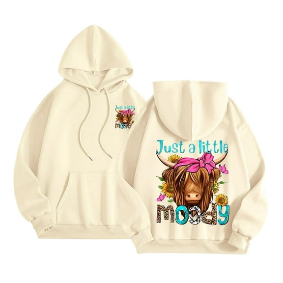 Womens Highland Cow Hoodies Just A Little Moody Flower Print Funny Farm Farmer Hooded Sweatshirts Casual Fashion Pullover