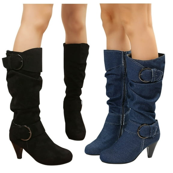 Womens Hiking Boots TKYCMSUAKI Boots for Women Fashion Round Toe Chunky Mid Heels Boots Dress Pump Shoes For Wedding