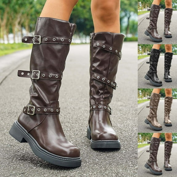 Womens Hiking Boots TKYCMSUAKI Women Knee High Riding Boots Slip On Motorcycle Boots Round Toe Chunky Heel Fashion Buckles Biker Boots