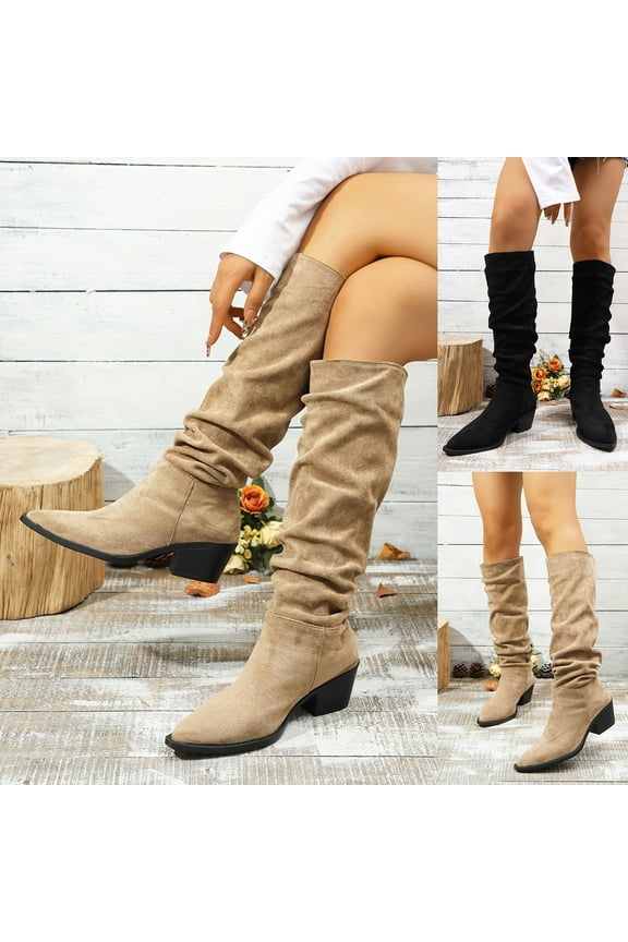 Womens Hiking Boots TKYCMSUAKI Women's Wide Calf Boots, Plus Size Slouchy Knee-High Boots Fashion Retro Pull On Chunky Heel Pointed Toe Knee High Boots Girls Ladies Retro Tall Boot