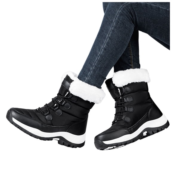 Womens Hiking Boots Winter Thickened Plush Warm Waterproof High Top Snow Booties Lace up Non Slip Outdoor Mid Calf Boots Black Size 6
