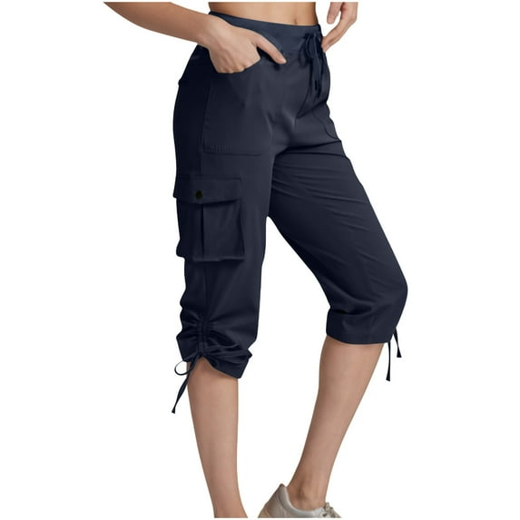 Womens Hiking Cargo Capris Outdoor Wide Leg High Waist Pants Flap Pocket Drawstring Tie Side Workout Trousers Dark Blue, M