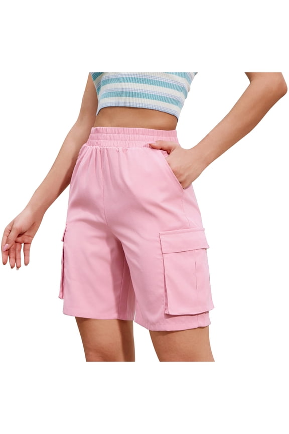 Womens Hiking Cargo Shorts Elastic Waisted Straight Leg High Rise Going Out Short for Women with Pockets