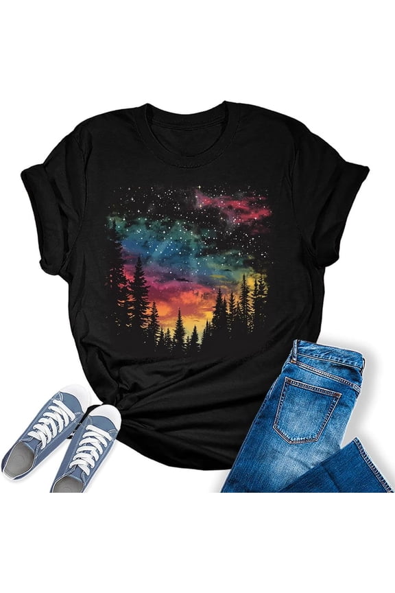 Womens Hiking Mountain Shirt Camping Nature Sunrise Pine Tree Tops Short Sleeve Regular Fit Graphic Tees