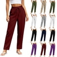 thumbnail image 1 of Womens Hiking Pants Elastic High Waist Drawstring Linen Ankle Solid Color Pants Casual Slim Tapered Cropped Trousers with Side Pockets, Lightweight Straight Leg Vacation Jogger Pants, 1 of 6