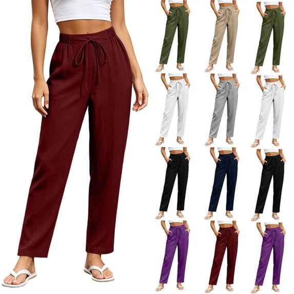 Womens Hiking Pants Elastic High Waist Drawstring Linen Ankle Solid Color Pants Casual Slim Tapered Cropped Trousers with Side Pockets, Lightweight Straight Leg Vacation Jogger Pants