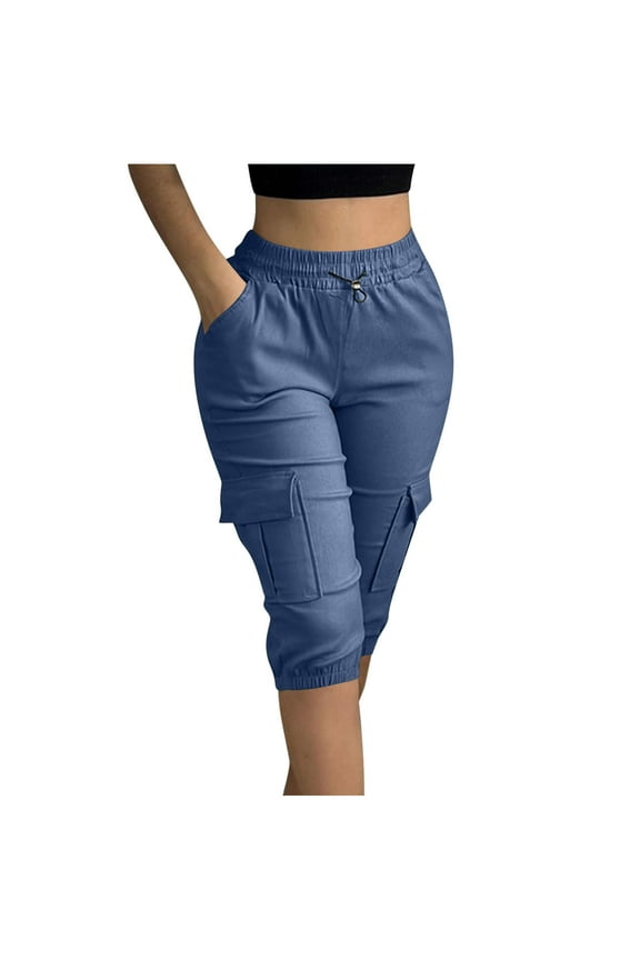 Womens Hiking Walking Shorts,Ladies Cargo Capris Cropped Pants,3/4 Length Trouser Lightweight Quick Dry Joggers Workout Shorts with 6 Pockets Blue XL