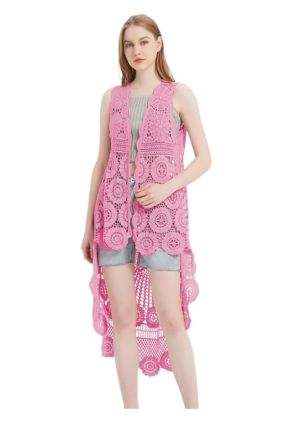 Womens Hippie Bohemian Floral Crochet Lace Trim Sleeveless Vest Cardigan