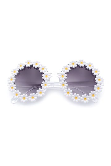 Brand New Shiny White Round Cat Eye Retro Sunglasses Gold Tone Flower Accent White & Gold Iconic Cat Eye Sunglasses – Loco Lindo main image 2