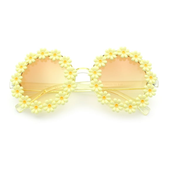Womens Hippie Bold Daisy Flower Trim Circle Lens Plastic Retro Sunglasses Yellow - Brown