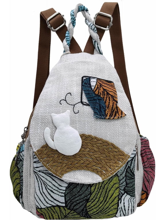 Womens Hippie Cotton Hemp Cloth Backpack Boho Vintage Embroidered Casual Purse Handbags Messenger Bag Mushroom Beige Red