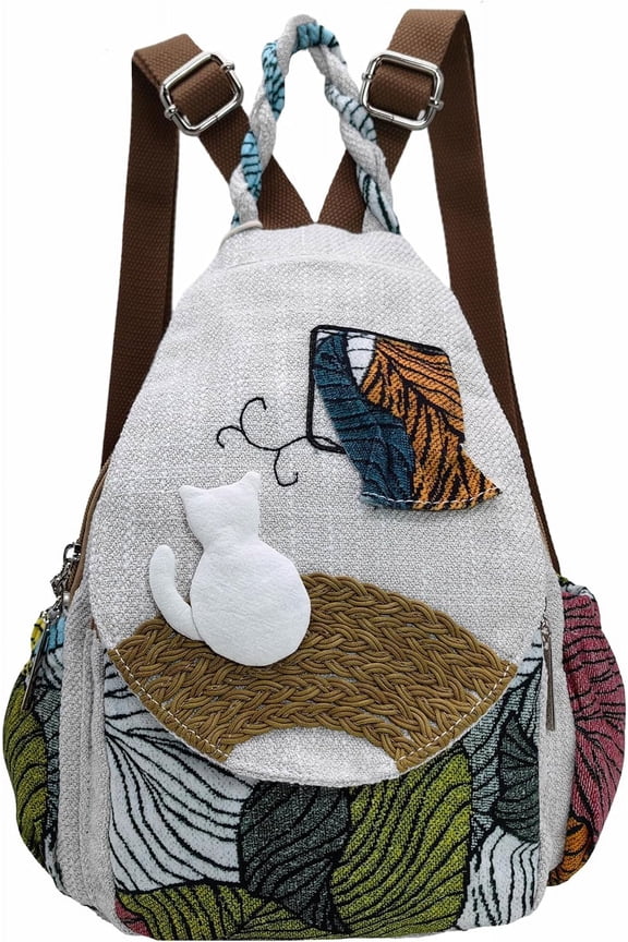 Womens Hippie Cotton Hemp Cloth Backpack Boho Vintage Embroidered Casual Purse Handbags Messenger Bag Mushroom Beige Red