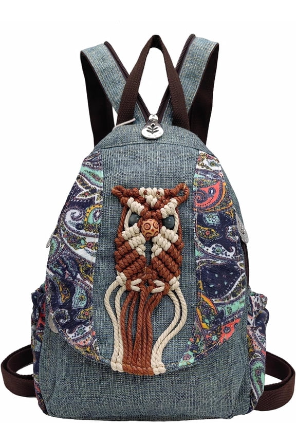 Womens Hippie Cotton Hemp Cloth Backpack Boho Vintage Embroidered Casual Purse Handbags Messenger Bag Mushroom Beige Red