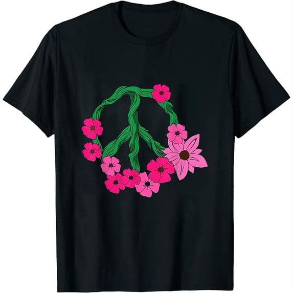 Womens Hippie Pink Flowers 60s 70s Peace Sign Garden T-Shirt Black Large