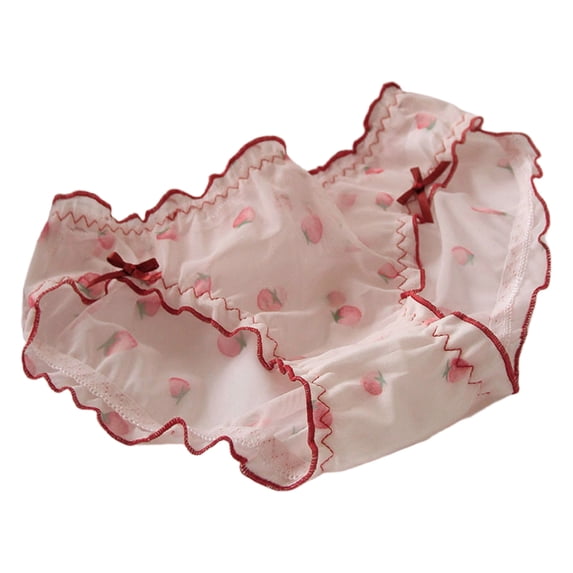 Womens Hipsters Ruffle Trim Panties with Sweet Strawberry Print Soft Breathable Sheer Mesh Middle Waist Underwear Briefs