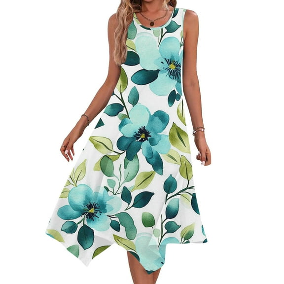 Womens Holiday Beach Sundress Casual Crewneck Sleeveless A-line Dresses Flowy Irregular Hem Tank Dress Floral Pattern