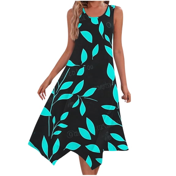 Womens Holiday Beach Sundress Casual Crewneck Sleeveless A-line Dresses Flowy Irregular Hem Tank Dress Floral Pattern