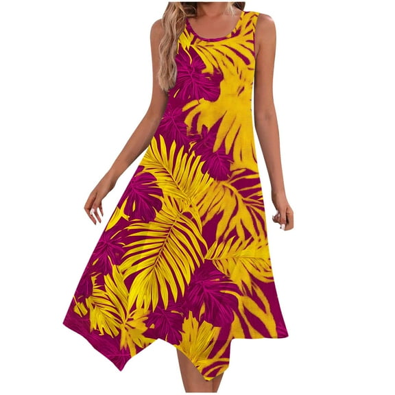 Womens Holiday Beach Sundress Casual Crewneck Sleeveless A-line Dresses Flowy Irregular Hem Tank Dress Floral Pattern