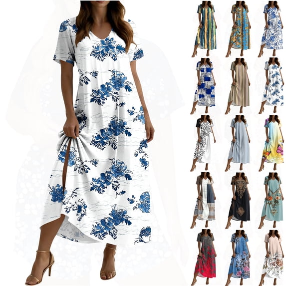 Womens Holiday Dresses Ndbuld Women's Loose Short Sleeved Round Neck Fashion Bohemian Flared Split Floor-Length Maxi Dress Light Blue M