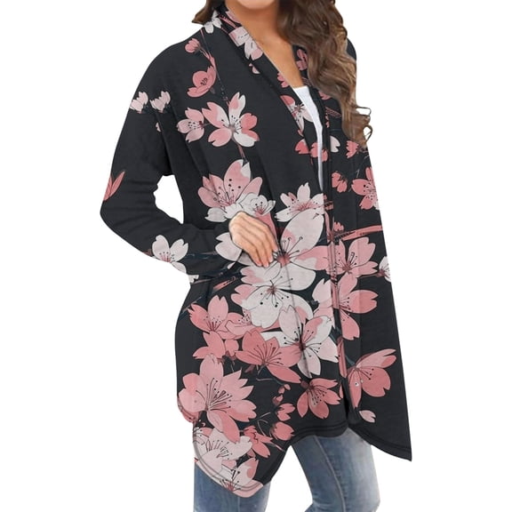 Plus Size Cardigans for Women Floral Printed Long Sleeve Open Front Cardigan Tops Loose Fit Casual Outwear Blouse
