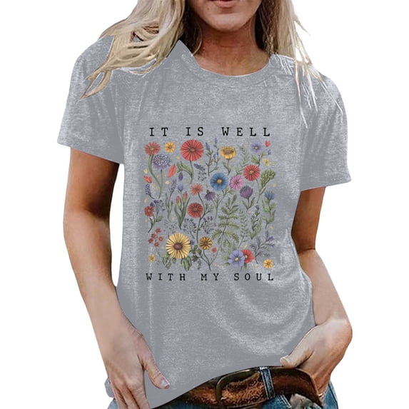 Womens Holiday Top Short Sleeve Crew Neck Graphic Print Comfort Style Beach Vacation Clothes for Women,Light Gray,2XL
