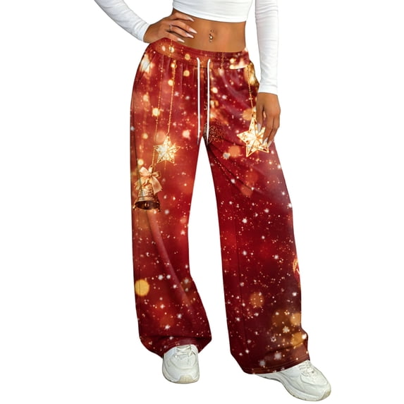 Womens Holiday Pants Christmas Print Fleece Lined Wide Leg Sweatpants Elastic Drawstring Waist Loose Straight Trousers
